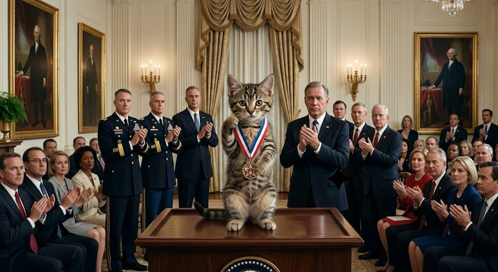Cate receiving a medal in a formal ceremony