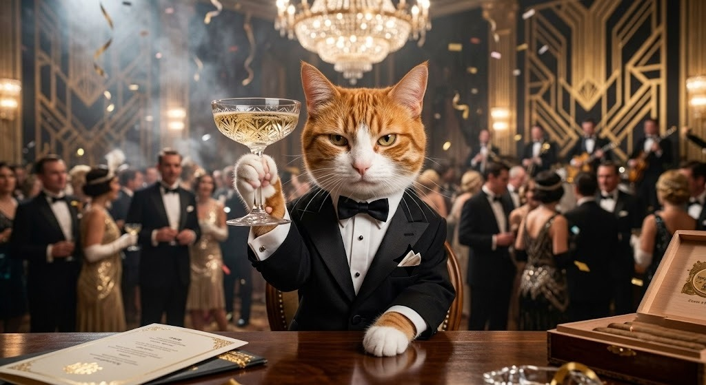 Cate toasting champagne at a gilded gala