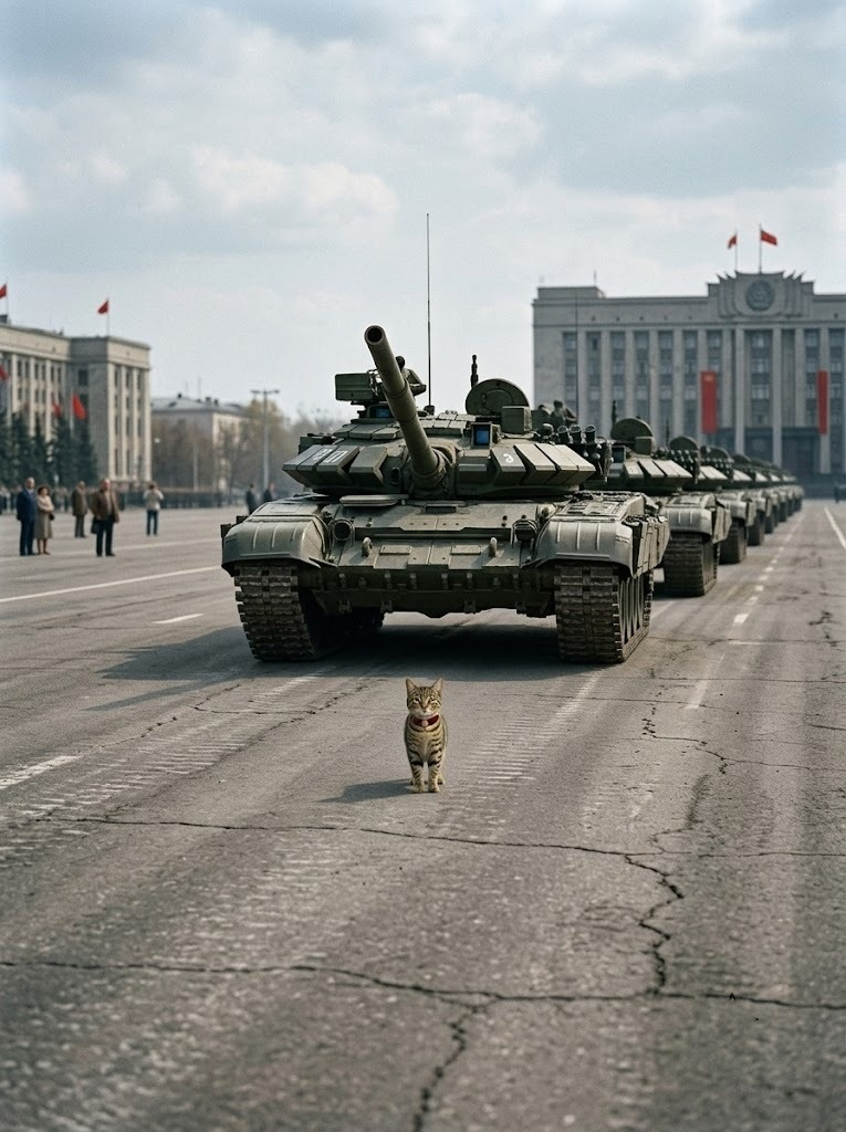 Cate facing a column of tanks